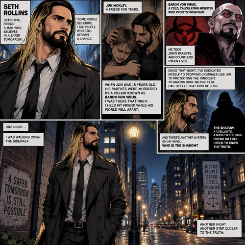 Seth Rollins is a detective. He and Jon Moxley had been friends for years. When Jon was 18 years old His parents were murdered by a villain known as Baron Von Virus. Seth comforted him that night. Ever since then Seth dedicated himself to stopping criminals like Baron Von virus and protecting the innocent. He was also trying to figure out the identity of a mysterious Vigilante known as the shadow. One night he walking down the sidewalk