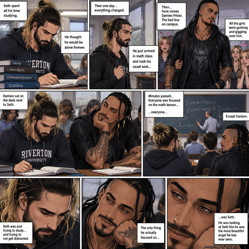 Seth Rollins was a college student,He spent all his time studying. He thought he would be alone forever,Then one day….everything changed. He just arrived in math class and took his usual seat…Then…here comes Damien Priest,The bad boy on campus. All the girls were gushing and giggling over him. Seth was just trying to study and trying to not get distracted. Damien sat on the desk next to Seth. Minutes passed,Everyone was focused on the math lesson….everyone..Except Damien,The only thing he actually focused on..was Seth. He was looking at Seth like he was the most beautiful angel he has ever seen