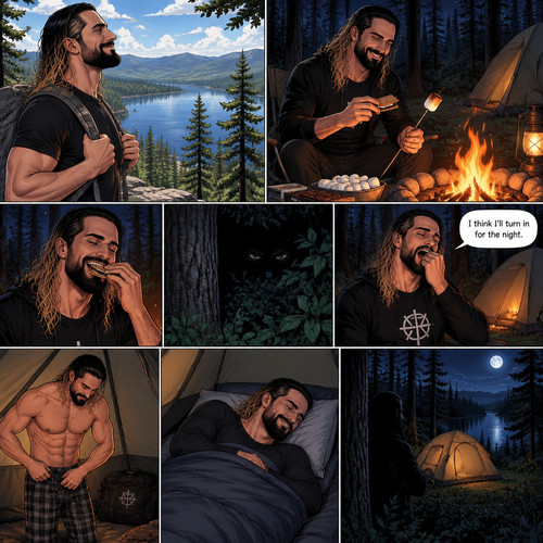 Seth Rollins was camping in the woods,he was enjoying the view of the lake and enjoying the fresh air,Hours later nighttime came,He was making s’mores at the campfire.He was enjoying himself…but…little did he know…that something…or someONE was watching him.Seth eventually got tired and yawned. “I think I’ll turn in for the night” said Seth.He went inside his tent,put pajamas on,got in his sleeping bag and went to sleep