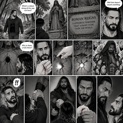 Seth Rollins was walking in the woods near his house,Then…he discovered an old statue Of a man in a cloak (Roman Reigns). “What’s a statue doing all the way out here?” Seth asked himself. He looks at the nameplate “Roman Reigns,A powerful sorcerer that almost took over the world”. “Well that doesn’t sound unsettling” Seth said to himself sarcastically. Then he noticed a hole on the statue. “Why is there a hole there?” Seth asked himself. Then….Seth somehow accidentally cut his hand. A little bit of his blood dripped into the hole,Then…..the hole started glowing,Then the statue….started to crack. Then…the statue broke apart….revealing…the sorcerer himself. Seth was shocked. The sorcerer looked down at Seth. Seth was about to scramble away…but the sorcerer grabbed His wrist before he could get away. He pulled Seth up off the ground by the wrist. He looked at the cut on Seth’s hand. Then he looked back at Seth
