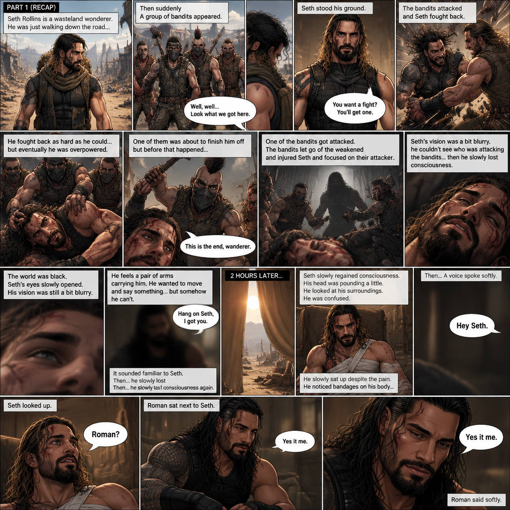 (Recap).Seth Rollins is a wasteland wonderer,He was just walking down the road,Then suddenly A group of bandits appeared,Seth stood his ground,Then the bandits attacked and Seth fought back,He fought back as hard as he could,but eventually he was overpowered,The bandits beat him up really badly,One of them was about to finish him off but before that happened One of the bandits got attacked,The bandits let go of the weakened and Injured Seth and focused on their attacker,Seth’s vision was a bit blurry,he couldn’t see who was attacking the bandits,then he slowly lost consciousness. (And now part 2). The world was black. Seth’s eyes slowly opened,His vision was still a bit blurry. He feels a pair of arms carrying him. He wanted to move and say something…but somehow he can’t. Then he heard a faint voice saying “Hang on Seth,I got you”. It sounded familiar to Seth. Then…Seth slowly lost consciousness again. 2 hours later,Seth slowly regained consciousness. His head was pounding a little. He looked at his surroundings. He was confused. He slowly sat up despite the pain. He noticed bandages on his body,Then….A voice spoke softly “Hey Seth”. He recognized that voice…it was Roman Reigns. Seth looked up. “Roman?” Seth asked softly. Roman Sat next to Seth. “Yes it me” Roman said softly