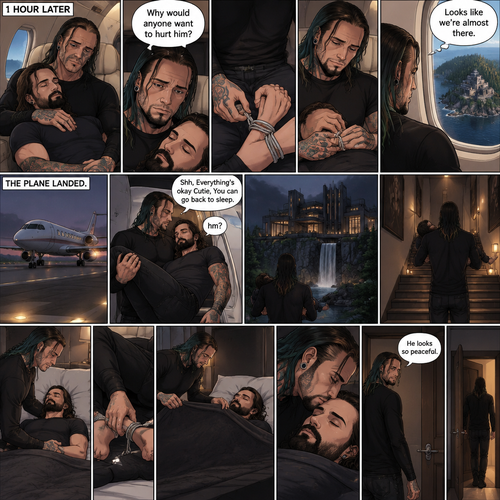 (Part 4). Still on the private plane. 1 hour had passed. The nefarious Jeff Hardy and Seth Rollins (A secret agent) were still asleep after Seth’s emotional breakdown. Seth’s wrists and ankles were still tied up and still in Jeff’s arms. Jeff woke up,He looked down at Seth who was still asleep. He thought back to Seth’s emotional breakdown About his past. Jeff had sadness in his eyes again,He looked at Seth’s wrists…and untied them. He gently rubbed one of Seth’s wrists. “Why would anyone want to hurt him?” Jeff quietly asked himself. Jeff looked out the window,His secret lair was in sight. “Looks like we’re almost there” Jeff said to himself. Jeff could wake Seth up….But he decided to let him sleep more. The plane landed. Jeff gently lifted Seth in his arms. Seth woke up a little “hm?”. “Shh,Everything’s okay Cutie,You can go back to sleep” Jeff said softly. Seth went back to sleep. Jeff walked out of the plane with Seth in his arms,He got in his secret liar. He walked upstairs to his room and Gently put Seth oh the bed. Jeff looked at Seth’s ankles…and untied them. After he was done Jeff put a blanket over Seth,He gently kissed his forehead. He quietly got up and walked to the door,He opened the door,He looked back at Seth who was still sleeping. “He looks so peaceful” Jeff quietly said to himself. He walked out of the room and quietly closed the door