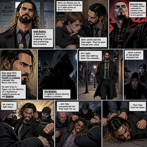 Seth Rollins is a detective. He and Jon Moxley had been friends for years. When Jon was 18 years old His parents were murdered by a villain known as Baron Von Virus. Seth comforted him that night. Ever since then Seth dedicated himself to stopping criminals like Baron Von virus and protecting the innocent. He was also trying to figure out the identity of a mysterious Vigilante known as the shadow. One night he walking down the sidewalk,Then a group of bad people attacked him. He tried to fight back but they overpowered him. They beat him up,Then they hold him down