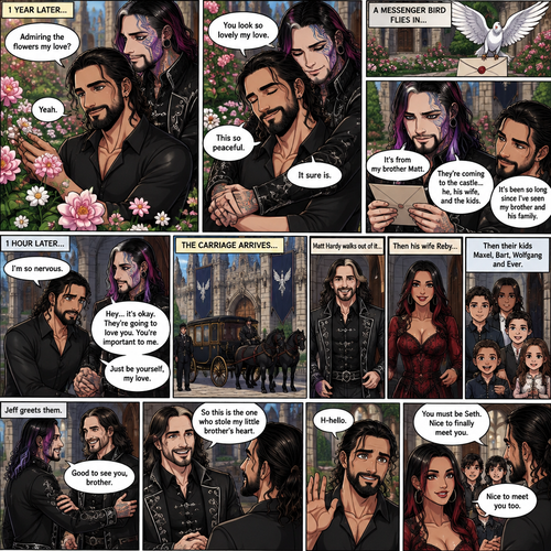 (Part 4 of the dark angel X human story). 1 year had passed,Jeff Hardy (The dark angel king) and Seth Rollins are more closer than ever. Seth had been living in the palace with Jeff. One day Seth was in the garden. Jeff walked behind him. “Admiring the flowers my love?” Jeff asked. Seth smiled softly. “Yeah” Seth said softly. Jeff gently pulled Seth in his embrace. “You look so lovely my love” Jeff said softly. Seth hummed softly. “This so peaceful” Seth said softly. “It sure is” Jeff said softly. Then a messenger bird flew in with a letter. Jeff gently picked up the letter and opened it,It was from his brother Matt saying that he and his wife and kids are coming to Jeff’s castle for a visit. Seth looked at the letter too. Jeff smiled,it had been so long since he’s seen his brother and his family. 1 hour later,Jeff was anticipating their arrival and Seth was completely nervous. Seeing that Seth was nervous Jeff gently held his hand and reassured him. Then the carriage arrived. Matt Hardy walked out of it,Then his wife Reby,Then their kids Maxel,Bart,Wolfgang and Ever. Jeff greeted them. Matt looked at Seth and said “So this is the one who stole my little brother’s heart”. Seth waved nervously and said hello. “You must be Seth,Nice to finally meet you” Said Reby. “Nice to meet you too” said Seth