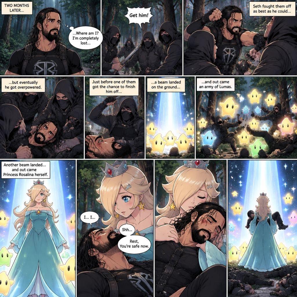 (Part 2 of the Seth Rollins x Princess Rosalina story). It had been two months since that night. Seth hadn’t seen Luma since. He was walking in the woods completely lost. Then suddenly….he attacked by a group of bad guys. He fought them off as best as he could…but eventually he got overpowered. Just before one of them got the chance to finish him off…a beam landed on the ground…and out came an army of Lumas. They attacked the bad guys. Another beam landed…and out came Princess Rosalina herself. She walked towards the injured Seth. She gently held him. Seth tried to speak but Rosalina shushed him softly. “Rest,You’re safe now” Rosalina said softly. She lifted Him in her arms and rested his head on her shoulder. The bad guys were all knocked out. Rosalina walked back to the beam with Seth in her arms. (End of part 2)