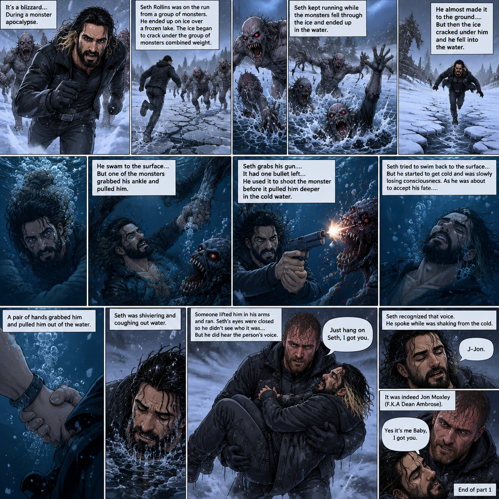 (The monster apocalypse) It’s a blizzard…During a monster apocalypse. Seth Rollins was on the run from a group of monsters. He ended up on ice over a frozen lake. The ice began to crack under the group of monsters combined weight. Seth kept running while the monsters fell through the ice and ended up in the water. He almost made it to the ground….But then the ice cracked under him and he fell into the water. He swam to the surface…but one of the monsters grabbed his ankle and pulled him. Seth grabs his gun…it had one bullet left…He used it to shoot the monster before it pulled him deeper in the cold water. Seth tried to swim back to the surface…But he started to get cold and was slowly losing consciousness. As he was about to accept his fate….A pair of hands grabbed him and pulled him out of the water. Seth was shivering and coughing out water. Someone lifted him in his arms and ran. Seth’s eyes were closed so he didn’t see who it was…But he did hear the person’s voice. “Just hang on Seth,I got you” Said ????. Seth recognized that voice. He spoke while was shaking from the cold “J-Jon”. It was indeed Jon Moxley (F.K.A Dean Ambrose). “Yes it’s me Baby,I got you” Said Jon (End of part 1)