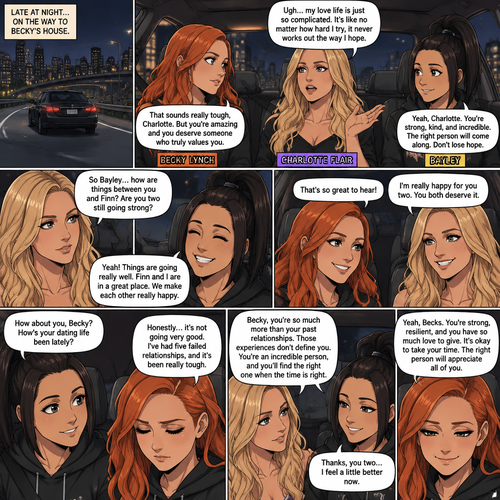 It was late at night,Becky Lynch Was in a car with Charlotte Flair and Bayley. They were driving to Becky’s house. Charlotte was talking about her complicated love life. Becky and Bayley were giving her words of comfort and support. Charlotte then asked Bayley how things were between her and Finn Bálor (They’re dating in this story). Bayley said things were going very well between the two of them. Becky and Charlotte were both happy to hear that. Bayley then looked at Becky and asked How HER dating life had been. Becky got a sad look on her face as she admitted that her dating life wasn’t doing very good,She had Five failed relationships. Charlotte and Bayley gave Becky words of comfort. Becky felt a little better