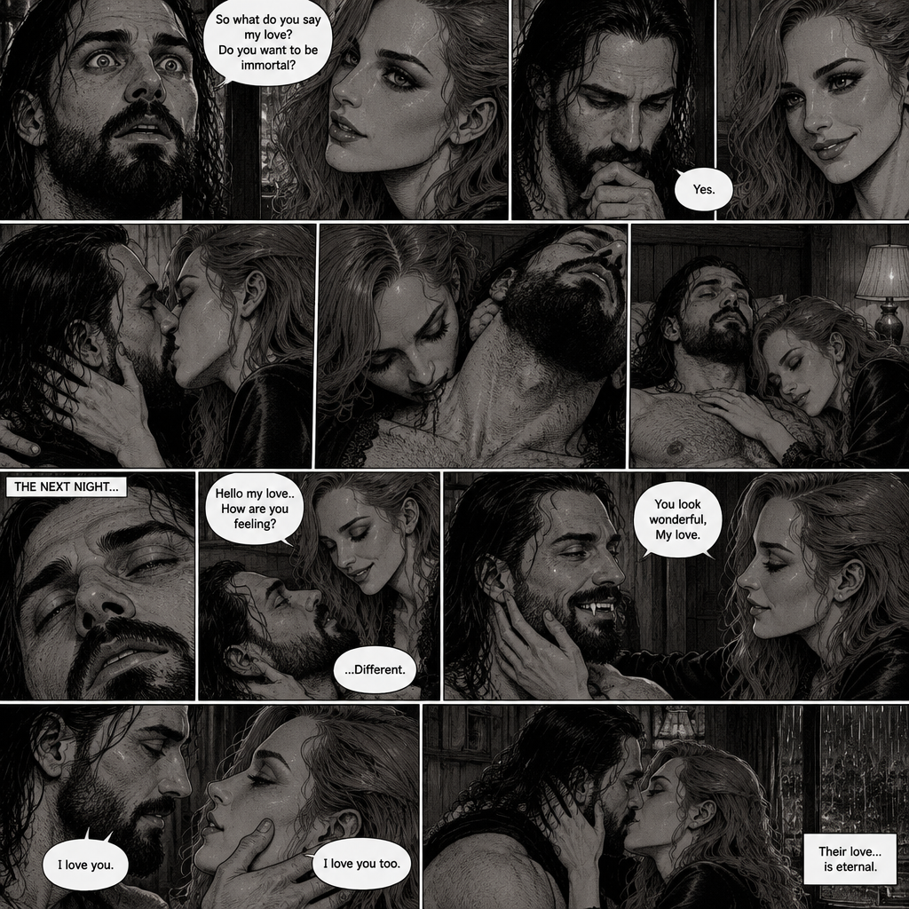 Part 4.Still in Seth Rollins’s house,Still raining outside.Seth Rollins and Becky lynch are in Seth’s room,Seth’s eyes were widened and his breath hitched a little after Becky offered him immortality. “So what do you say my love? Do you want to be immortal?” Asked Becky.Seth thought about for a bit…Then he made his decision. “Yes” Seth said softly.Becky smiled and gently kissed him.She then leaned towards Seth’s neck.After the painful process of the vampire transformation was done Seth was unconscious.The next night Seth was still unconscious,Becky never left his side.Then Seth’s eyes slowly opened,He looked at Becky as she was smiling down at him.She gently stroked his head. “Hello my love..How are you feeling?” Becky said softly. “…Different” Seth said softly.Seth slowly sat up,Becky stayed close by incase he fell over.He smiled at her,His fangs showing.She smiled and gently put her hand on his cheek. “You look wonderful,My love” Said Becky.Seth Gently placed his hand on Becky’s cheek.They leaned towards each other. “I love you” Seth said Softly “I love you too” Becky said softly.They kissed softly.Their love…is eternal