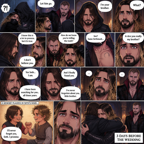 (Recap) Seth Rollins (The vampire hunter turned Bride of the Vampire king) was almost kidnapped by A mysterious figure (AJ Styles),Jon Moxley (Vampire King) Saved Seth,The man took off the hood and revealed he’s Seth’s brother,Seth was stunned. “What?” Seth asked,”I’m your brother” said Aj,Seth shook his head a little,”I don’t believe you” Said Seth,”I know this is a lot to process,but it’s true” said Aj,Jon gently pulled Seth to his side,”How do we know you’re telling the truth?” Jon asked cautiously,Aj shows his birthmark,It’s the shape of a crescent moon…just like Seth’s. Seth was stunned,All this time he thought he was the only one with that birthmark’”A-Are you really my brother?” Seth asked,”Yes Seth…I am” said Aj,”I have been searching for you…all these years” Aj paused,Tears welling up in his eyes,”And I finally found you” Aj continued,Seth didn’t know what to say,Neither did Jon,”I’ve never forgotten about you,little brother” Said Aj,Something flashed in Seth’s mind,it was a memory of himself and Aj when they were little,Aj (as a kid) had promised Seth he would never forget him,The flashback ends,Tears welled up in Seth’s eyes,Seth and Aj hugged each other,Jon just watched. (And now part 8). 3 days before the wedding