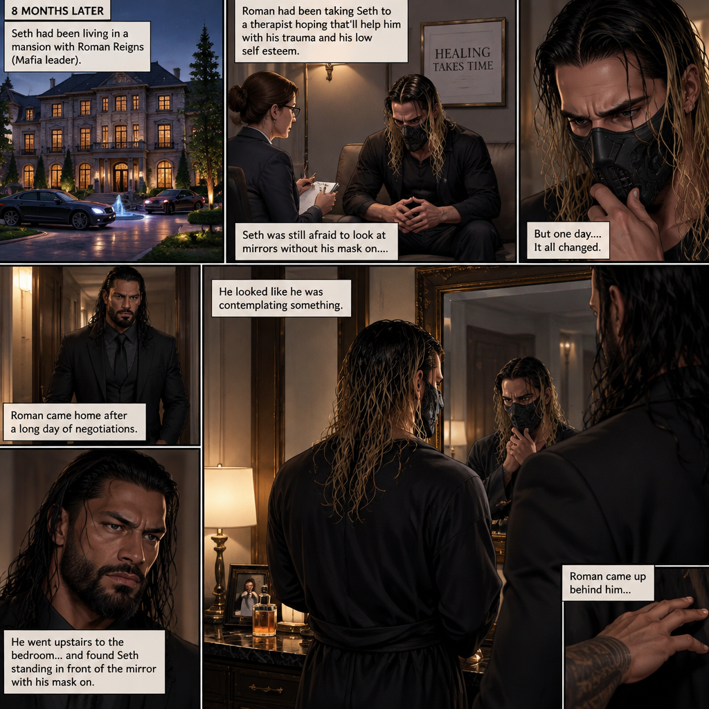 (Part 5 of the mafia angel,A Rolleigns story). 8 months later,Seth Rollins (He’s still wearing a mask) had been living in a mansion with Roman Reigns (Mafia leader). Roman had been Taking Seth to a therapist hoping that’ll help him with his trauma and his low self esteem. Seth was still afraid to look at mirrors without his mask on….But one day….It all changed. Roman came home after a long day of negotiations. He went upstairs to the bedroom…and Found Seth standing in front of the mirror with his mask on. He looked like he was contemplating something. Roman came up behind him