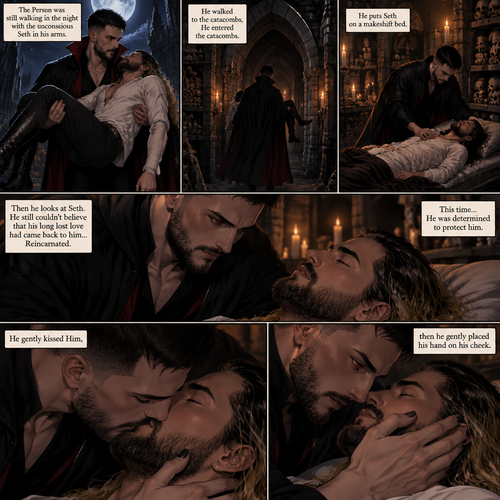 (Vampire Finn Bálor x Reincarnated Seth Rollins part 2) The Person was still walking in the night with the unconscious Seth in his arms. He walked to the catacombs,He entered the catacombs. He puts Seth on a makeshift bed,Then he looks at Seth. He still couldn’t believe that his long lost love had came back to him…Reincarnated. This time…He was determined to protect him. He gently kissed Him,then he gently placed his hand on his cheek