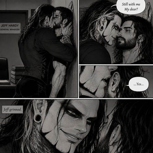 (Part 4 of the Vampire x human story). Still in Jeff Hardy’s office. Jeff was still Kissing Seth Rollins against the wall. After about a minute,Jeff pulled away but kept Seth pinned to the wall. Jeff whispered in Seth’s ear “Still with me My dear?” Jeff asked softly. “…Yes…” Seth said softly. Jeff grinned