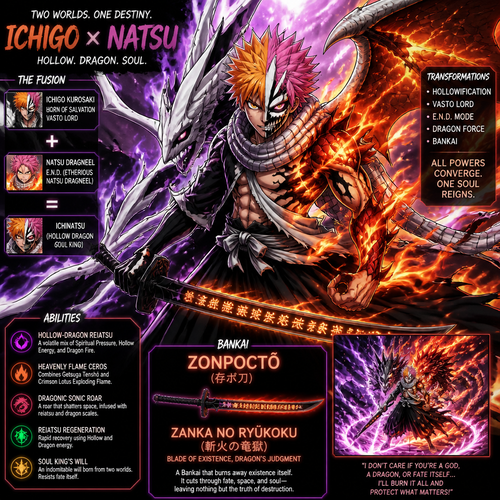 Ichigos horn of salvation fused with vasto lord from.then fuse Natsu Dragneels and E. N.D. Form.
After that fuse Ichigo and natsu
Has a zonpoctō activating bankai 