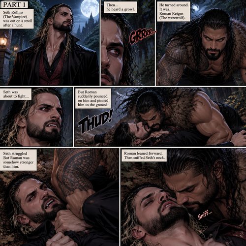 (Part 1 of the Werewolf x Vampire story). Seth Rollins (The Vampire) was out on a stroll after a hunt,Then…he heard a growl. He turned around, It was…Roman Reigns (The werewolf). Seth was about to fight,But Roman suddenly pounced on him and pinned him to the ground. Seth struggled But Roman was somehow stronger than him. Roman leaned forward,Then sniffed Seth’s neck