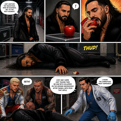 Seth Rollins was walking back stage minding his own business,Then he saw a red apple.He took a bite of it…Then suddenly fell to the ground unconscious.Cody Rhodes and Randy Orton saw what happened and rushed Over to him.A nearby doctor heard the commotion and ran over.”Cody and I were just talking then we saw Seth collapsed on the ground unconscious after taking a bite from that apple” Randy said to the doctor