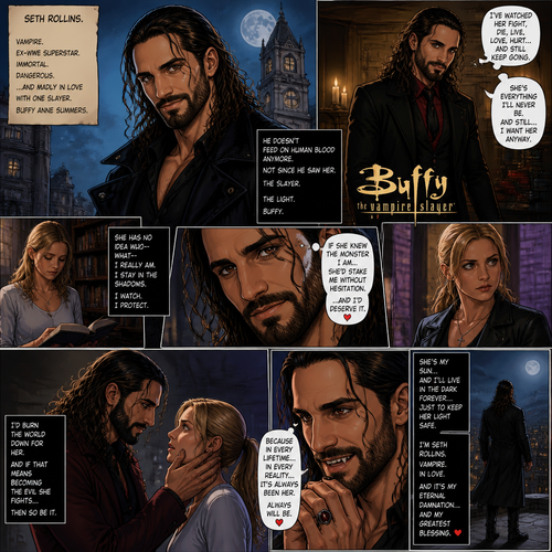 WWE Superstar Seth Rollins as a Vampire in Buffy the vampire Slayer (Tv show) (And he’s secretly madly in love with Buffy)
