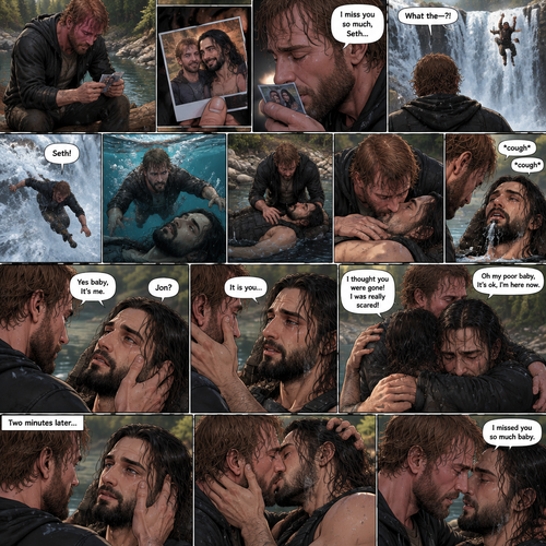 (Recap) Still in the zombie apocalypse. (This was Jon Moxley’s POV). Jon sat on a log near the river alone looking sad,He was looking at a romantic photo of him and Seth Rollins before the apocalypse began,He thought Seth died the day of the apocalypse started 4 years ago,He gently kissed the photo and said he misses Seth So much,He saw someone fall down the waterfall,he jumped in the water,As he swam he got a better look at the person,It turned out to be Seth,He swam faster and got him,He was to shore and Gently placed Seth’s down,He did CPR and mouth to mouth on Seth,When all hope seemed lost Seth coughed out water,Jon gently held Seth with tears of joy streaming down his face,Seth slowly opened his eyes,”Jon?” Seth asked weakly. (And now part 4). Jon gently placed his hand on Seth’s cheek. “Yes baby,It’s me” Jon said Softly. Seth gently placed his hand on Jon’s cheek to see if he’s real,Tears streamed down his face. “It is you” Seth said through his tears. Jon gently pulled Seth into a hug,Seth cried on Jon’s shoulder. Jon gently stroked the back of Seth’s head while Seth continued to cry on Jon’s shoulder. “I thought you were gone!,I was really scared!” Seth said through his tears. “Oh my poor baby,It’s ok,I’m here now” Jon said softly. Jon Gently rubbed Seth’s back to try to soothe him. After 2 minutes,Seth slowly stopped crying. They looked at each other,Jon gently wiped away the tears on Seth’s face,Then they kissed each other. “I missed you so much baby” Jon said softly