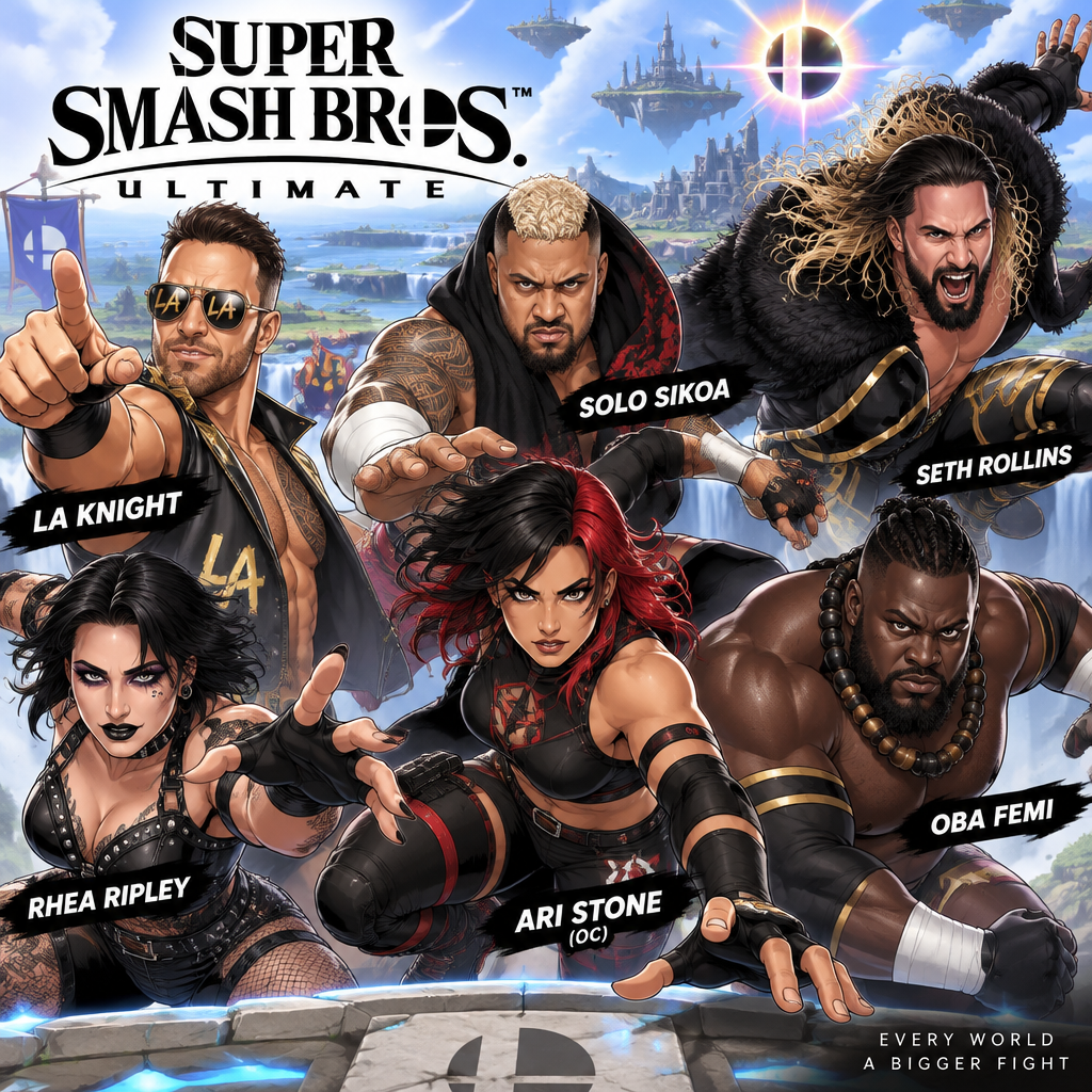 LA Knight,Solo Sikoa,Seth Rollins,Oba Femi,Rhea Ripley and Ari Stone (My wrestler oc) in Super smash bros Ultimate