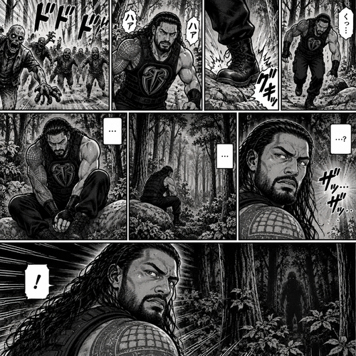 Roman Reigns is in a zombie apocalypse,He walking in the woods. He hurt his ankle while running away from a zombie horde. He’s far away from them and limping in the woods. The pain in his ankle was too much to ignore so he sat down on a rock,he sat there for a while….then….he heard distant footsteps. He looked behind him