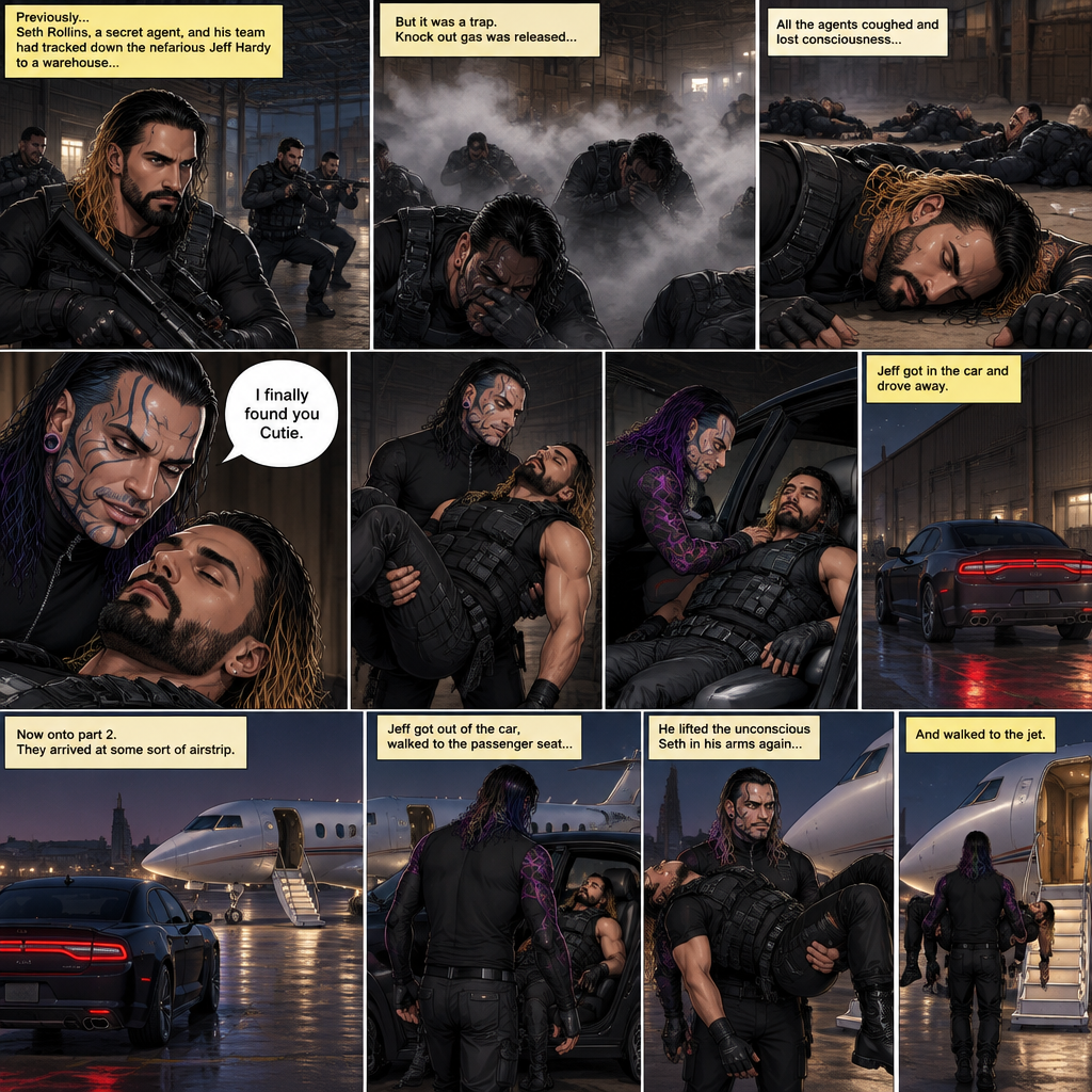 (Previously) Seth Rollins (A secret agent) and his team of agents had tracked down the nefarious Jeff Hardy to a warehouse…Only for it to be a trap,Knock out gas was released,All the agents coughed and lost consciousness,Jeff walked to the unconscious Seth and said “I finally found you Cutie”,He lifted Seth in his arms and put him in the passenger seat in his car and Drove away. (Now onto part 2). They arrived at some sort of airstrip,Jeff got out of the car,Walked to the passenger seat,Lifted the unconscious Seth in his arms again and walked to the jet