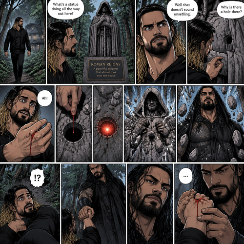 Seth Rollins was walking in the woods near his house,Then…he discovered an old statue Of a man in a cloak (Roman Reigns). “What’s a statue doing all the way out here?” Seth asked himself. He looks at the nameplate “Roman Reigns,A powerful sorcerer that almost took over the world”. “Well that doesn’t sound unsettling” Seth said to himself sarcastically. Then he noticed a hole on the statue. “Why is there a hole there?” Seth asked himself. Then….Seth somehow accidentally cut his hand. A little bit of his blood dripped into the hole,Then…..the hole started glowing,Then the statue….started to crack. Then…the statue broke apart….revealing…the sorcerer himself. Seth was shocked. The sorcerer looked down at Seth. Seth was about to scramble away…but the sorcerer grabbed His wrist before he could get away. He pulled Seth up off the ground by the wrist. He looked at the cut on Seth’s hand