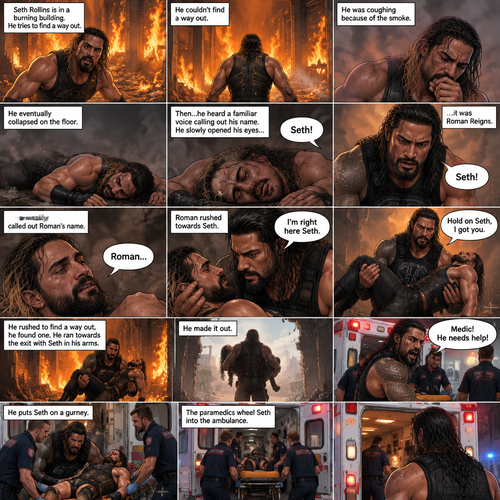 Seth Rollins is in a burning building,He tries to find a way out,he couldn’t find a way out. He was coughing because of the smoke,He eventually collapsed on the floor. Then…he heard a familiar voice calling out his name,he slowly opened his eyes…it was Roman Reigns. He weakly called out Roman’s name. Roman rushed towards Seth. “I’m right here Seth” Said Roman. He lifted Seth in his arms. “Hold on Seth,I got you” Roman said to Seth. He rushed to find a way out,he found one. He ran towards the exit with Seth in his arms,He made it out. He runs to an ambulance with Seth in his arms. “Medic! He needs help!” Roman yelled. He puts Seth on a gurney. The paramedics wheel Seth into the ambulance