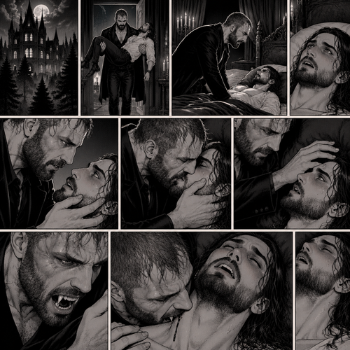 There’s a Dark Vampiric mansion in the woods,Inside there’s a dark Vampiric chamber.The door opens,A vampire (Jon Moxley) walks in carrying his human lover (Seth Rollins).Jon Gently puts Seth on the bed.Seth looked up at him.Seth was very nervous and excited,Because tonight…is his last night as a human,Tonight…Jon was going to turn Seth into a vampire.Jon caresses Seth’s cheek lovingly,then he gently kisses him.After he pulls away Jon brushed Seth’s hair off his face.He leaned towards Seth’s neck,His fangs come out,Then…his fangs pierce Seth’s neck.Seth gasped softly