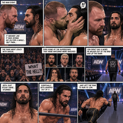 Jon Moxley and Seth Rollins were in a match against each other. It’s the main event. It seemed like it was gonna go on for a while…but then….something unexpected happened. Jon cupped his hands on Seth’s face….pulled him in…and kissed him. Seth’s eyes widened,The fans went crazy with shock,even some of the superstars that were watching were shocked. Jon then pulled away. Seth just stood there stunned. Jon didn’t say a word,he walked out of the ring and walked up the ramp. Seth eventually snapped out of it and left the ring to run to Jon