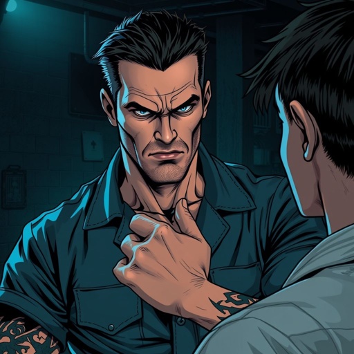 [Alan Ritchson, 44 años] enojado, ropa de prisionero, cuerpo completo, mira al joven con una sonrisa perversa (Tiene tatuajes en sus brazos), uniforme de recluso, estilo manga, resolusion 4k