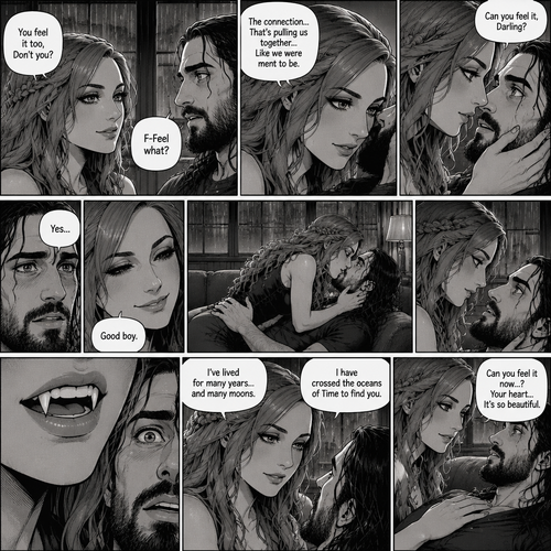 Part 2.The setting is still at Seth Rollins’s house,It’s still raining outside.”You feel it too,Don’t you” Asked Becky Lynch. “F-Feel what?” Asked Seth Rollins nervously.Becky gets closer to Seth. “The connection…That’s pulling us together…Like we were ment to be” Becky said softly.Seth’s heart fluttered.Becky can hear it,She gently puts her hand on his cheek and leaned towards him. “Can you feel it,Darling?” Becky Asked Softly.Something about her voice made Seth unable to resist her. “Yes” Seth whispers. “Good boy” Becky whispers.Their lips connect softly,Becky gently pushes Seth on his back on the couch while they kiss.They eventually pull away and look at each other.Becky smiles gently at him,That’s when….Seth Notices vampire fangs in her teeth,He was bewildered…But not scared. “I’ve lived for many years…and many moons” Becky said softly. “I have crossed the oceans of Time to find you” Becky said softly.Seth’s heart fluttered again,Becky heard it,She gently puts her hand on his chest to feel it