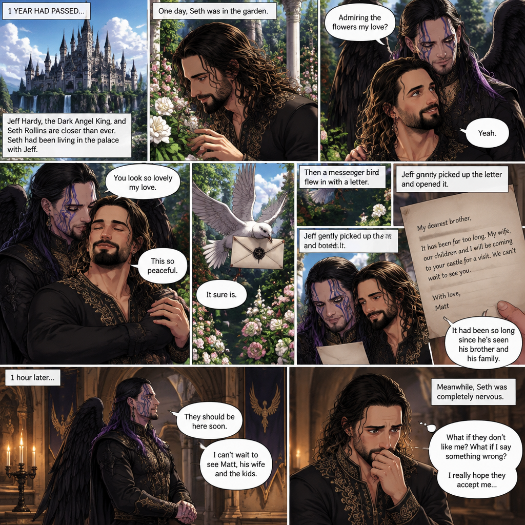(Part 4 of the dark angel X human story). 1 year had passed,Jeff Hardy (The dark angel king) and Seth Rollins are more closer than ever. Seth had been living in the palace with Jeff. One day Seth was in the garden. Jeff walked behind him. “Admiring the flowers my love?” Jeff asked. Seth smiled softly. “Yeah” Seth said softly. Jeff gently pulled Seth in his embrace. “You look so lovely my love” Jeff said softly. Seth hummed softly. “This so peaceful” Seth said softly. “It sure is” Jeff said softly. Then a messenger bird flew in with a letter. Jeff gently picked up the letter and opened it,It was from his brother Matt saying that he and his wife and kids are coming to Jeff’s castle for a visit. Seth looked at the letter too. Jeff smiled,it had been so long since he’s seen his brother and his family. 1 hour later,Jeff was anticipating their arrival and Seth was completely nervous