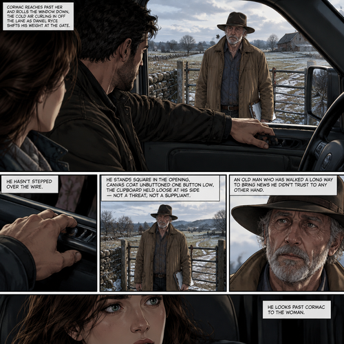 *Cormac reaches past her and rolls the window down, the cold air curling in off the lane as Daniel Ryce shifts his weight at the gate. He hasn't stepped over the wire. He stands square in the opening, canvas coat unbuttoned one button low, the clipboard held loose at his side
- not a threat, not a supplicant. An old man who has walked a long way to bring news he didn't trust to any other hand. He looks past Cormac to the woman b
Scenarios
Milestones