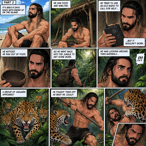 (Recap) Seth Rollins was on a cruise,then one night Thunder came,Seth got up from bed,The ship was rocking against the waves,Seth fell overboard,He swam as best he could,A wave crashed down on him,Everything went black,A few hours later,Seth woke up on shore,He was on an island,He has to figure out how to survive on the island. (And now part 2). It’s been 8 days since he ended up on the island. He has food and shelter. He tried to use an old radio to call for help but it wouldn’t work. He noticed he ran out of food,So he went back into the jungle to get some more. He was looking around,Then suddenly….A group of jaguars appeared! He fought them off as best he could