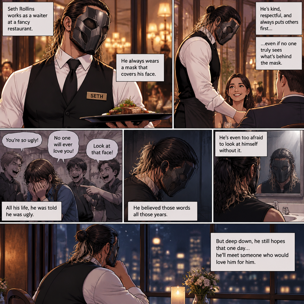 Seth Rollins is a waiter at a fancy restaurant,He’s wearing a mask that covers his face. The reason for that is heartbreaking. All his life he was told he was ugly and no one will love him. He was even too afraid to look at mirrors. He believed those words all those years. He hopes that one day…he’ll meet someone who would love him for him