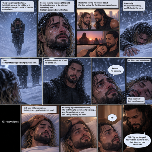There was a blizzard outside,Seth Rollins was in the middle of it,He had just escaped a horde of zombies hours before.He was shaking because of the cold.He walked around in the blizzard completely lost.His tears streamed down his face.He started having flashbacks about the time before the Zombie Apocalypse began.Eventually….He stopped walking…And fell onto the snow,Then….he heard footsteps walking towards him…and stopped in front of him.He looked up…It was Roman Reigns.He thinks it’s a hallucination. “Roman…I’m so sorry” Seth said to the “Hallucination”,Then he slowly lost consciousness. ???? Days later,Seth was still unconscious,He felt a hand gently stroke his head,He slowly regained consciousness,The first thing he saw when he woke up…was Roman looking at him and Gently stroking his head.He tried to speak “Ro-“. “Shh,Try not to speak,You’ve been out for 5 days,Just focus on your health ok?” Roman said Softly