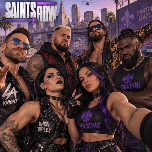LA Knight,Solo Sikoa,Seth Rollins,Oba Femi,Rhea Ripley and Ari Stone (My Female wrestler oc) in Saints Row 