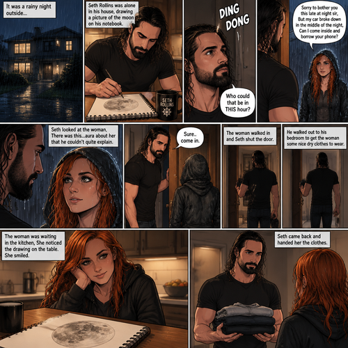 It was a rainy night outside,Seth Rollins was alone in his house,He drawing a picture of the moon on his notebook.Then the doorbell rang. “Who could that be in THIS hour?” Seth  asked himself. He got up and opened the door,A young Irish woman (Becky Lynch) was standing outside on his porch soaking wet from the rain wearing a hood. “Sorry to bother you this late at night sir,But my car broke down in the middle of the night,Can I come inside and borrow your phone?” Asked the woman.Seth looked at the woman,There was this…aura about her that he couldn’t quite explain.He decided to let her in. “Sure..come in” said Seth.The woman walked in and Seth shut the door.He walked out to his bedroom to get the woman some nice dry clothes to wear,The woman was waiting in the kitchen,She noticed the drawing on the table.She smiled.Seth came back and handed her the clothes
