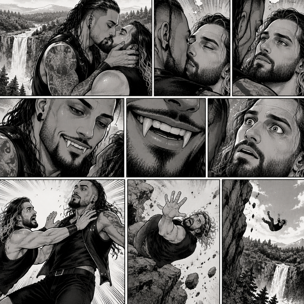 Part 5. Still at the cliff near the forest clearing with the waterfall view. The mysterious man (WWE superstar Damien priest) was kissing Seth Rollins. Seth felt like there was something familiar about the kiss. The man then smiled at him. Seth….then noticed….fangs in the man’s teeth…and realized…he’s a day walker vampire. He got scared and shoved the man off him…witch caused Seth to the fall of the cliff backwards