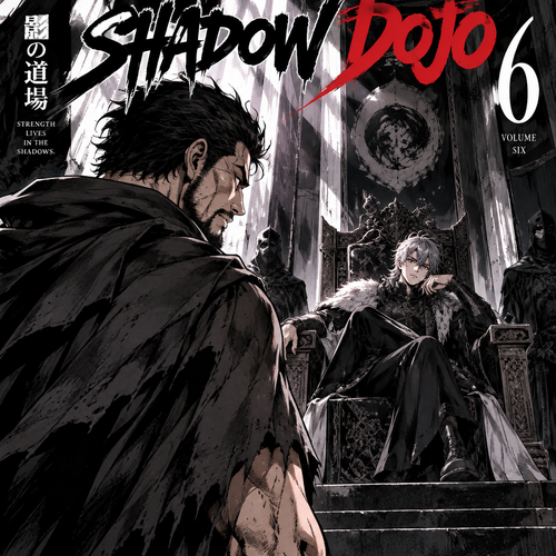 A guy in his 40s staring at another guy, not in his 40s on a throne with gray hair for a cover of shadow dojo’s volume six