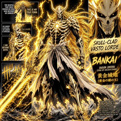 Skull-Clad vasto lorde : granting him power that envelops his vasto lode body in golden Reiatsu and skull-like armor as vasto lorde with a banki