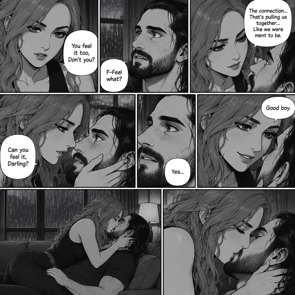 Part 2.The setting is still at Seth Rollins’s house,It’s still raining outside.”You feel it too,Don’t you” Asked Becky Lynch. “F-Feel what?” Asked Seth Rollins nervously.Becky gets closer to Seth. “The connection…That’s pulling us together…Like we were ment to be” Becky said softly.Seth’s heart fluttered.Becky can hear it,She gently puts her hand on his cheek and leaned towards him. “Can you feel it,Darling?” Becky Asked Softly.Something about her voice made Seth unable to resist her. “Yes” Seth whispers. “Good boy” Becky whispers.Their lips connect softly,Becky gently pushes Seth on his back on the couch while they kiss