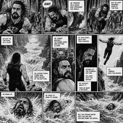 We’re in the woods during a zombie apocalypse,Someone was running…and that someone…is Seth Rollins. He was running from a zombie horde after being abandoned and left to die by his own group. He kept running….Till he tripped on a rock and sprained his ankle. The zombie horde was gaining on Seth,So he kept running despite the pain in his ankle. He was running and running….till he got to the edge of a cliff. He looks down,There was rapid water at the bottom. He turned around…the Zombie horde was getting closer. At this point…Seth had two choices,Either let the zombies eat him..or jump into the rapids. He thought about it….then he made a decision…he…Jumped into the rapids. He swam up,He tried to swim to shore but the strong water kept pulling him further down the rapids
