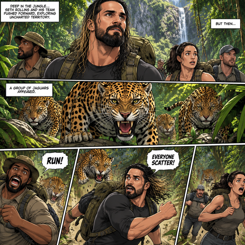 Seth Rollins was exploring a jungle with a group,Then….a group of jaguars appeared.Everyone scattered