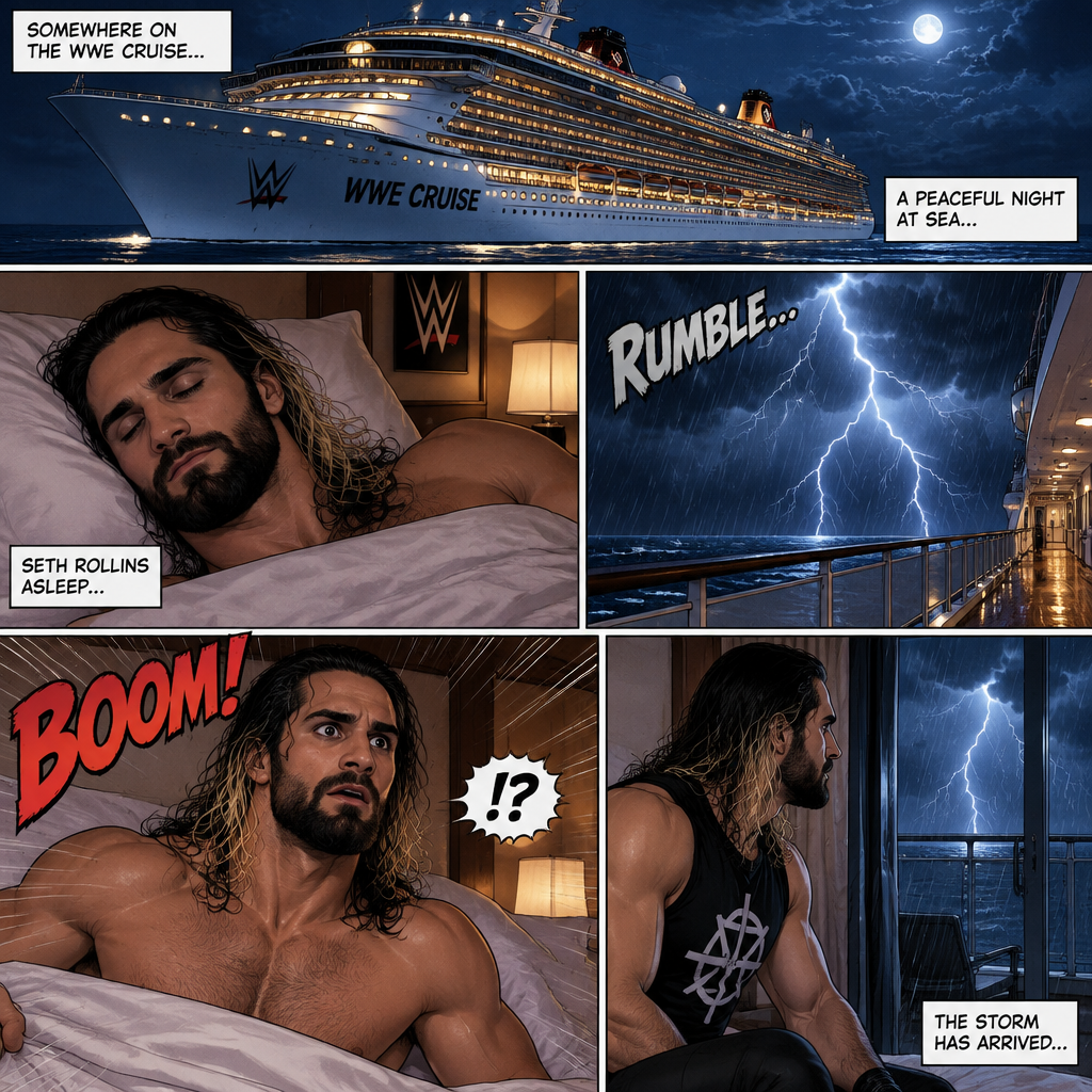 Seth Rollins is on a cruise ship,One night he was Asleep,Then suddenly thunder. He got up
