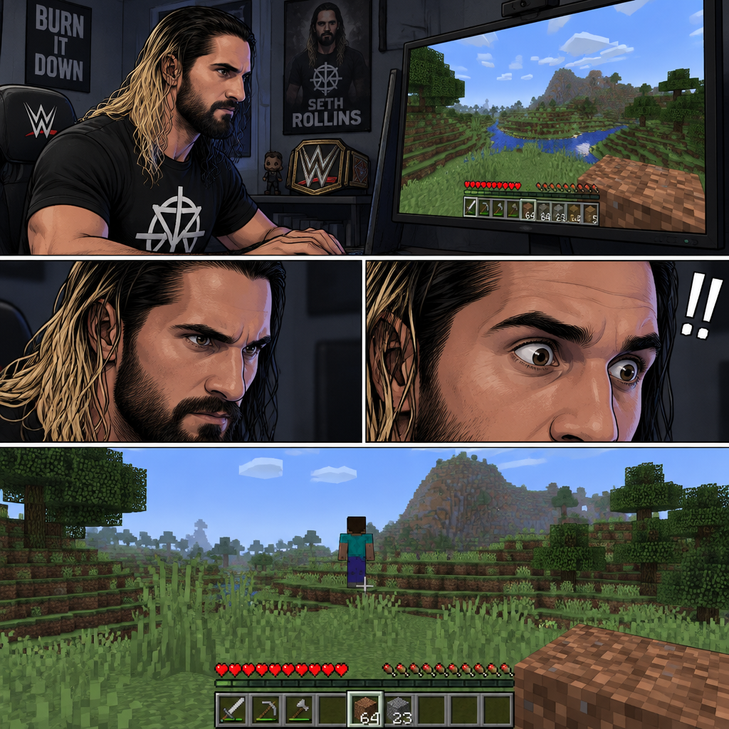 Seth Rollins was playing Minecraft alone on his computer,Then he sees something in the distance. It was a player with the default skin,His back was facing Seth