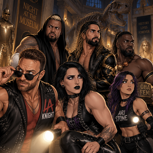 LA Knight,Solo Sikoa,Seth Rollins,Oba Femi,Rhea Ripley and Ari Stone (My wrestler oc) in Night at the museum