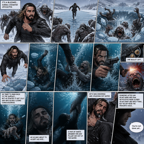 It’s a blizzard…During a monster apocalypse. Seth Rollins was on the run from a group of monsters. He ended up on ice over a frozen lake. The ice began to crack under the group of monsters combined weight. Seth kept running while the monsters fell through the ice and ended up in the water. He almost made it to the ground….But then the ice cracked under him and he fell into the water. He swam to the surface…but one of the monsters grabbed his ankle and pulled him. Seth grabs his gun…it had one bullet left…He used it to shoot the monster before it pulled him deeper in the cold water. Seth tried to swim back to the surface…But he started to get cold and was slowly losing consciousness. As he was about to accept his fate….A pair of hands grabbed him and pulled him out of the water. Seth was shivering and coughing out water. Someone lifted him in his arms and ran. Seth’s eyes were closed so he didn’t see who it was…But he did hear the person’s voice