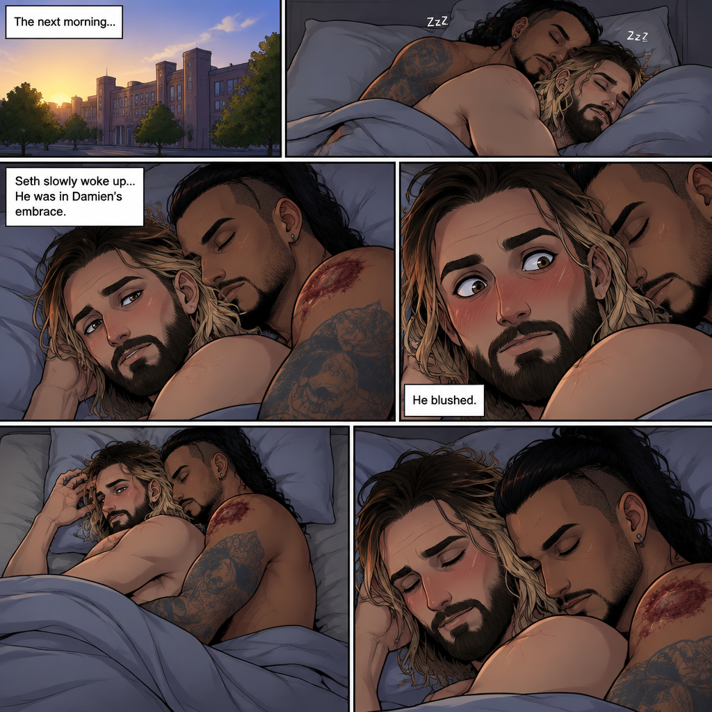 (Recap). Seth Rollins (College student) had just finished studying late at night,Then there was a noise downstairs,he investigated,the front door was open,He closed,Then there was a dripping noise in the kitchen,He goes to investigate,it was just a leaky faucet,He turned it off,he turned around,Damien priest (The bad boy) was right behind him,His chest had scratch marks on it and his shoulder had a huge bite mark on it,Seth was horrified,He goes to turn on the light but Damien grabbed his wrist before he could,he pulled Seth closer to him,Then he puts his head on Seth’s shoulder,His body was shaking a little as if he was crying,he said to Seth “Help me…please…Angel”,Seth slowly wrapped his arms around Damien,Damien’s body slowly relaxed as if he felt safe in Seth’s arms,Seth takes Damien to the bathroom,he grabs a first aid kit,he gently cleans Damien’s wounds and bandages them afterwards,Seth said “There,That should do it,Damien looks up at Seth and softly said “Thank you,Angel”,Seth blushed a little and said to Damien “you’re welcome” (And now part 3). The next morning,Seth and Damien were asleep in Seth’s bed,Seth slowly woke up,He was in Damien’s embrace. He blushed