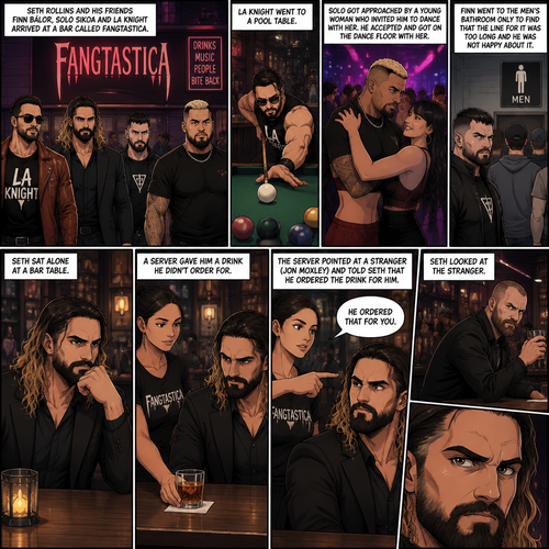 (Previously) Seth Rollins and his friends Finn Bálor,Solo Sikoa and LA knight arrived at a bar called “Fangtastica”,LA knight went to a pool table,Solo got approached by a young woman who invited him to dance with her,he accepted and got on the dance floor with her,Finn went to the men’s bathroom only to find that the line for it was too long and he was not happy about it,Seth sat alone at a bar table,A server gave him a drink he didn’t order for,The server pointed at a stranger (Jon Moxley) and told Seth that he ordered the drink for him. (And now part 2). Seth looked at the stranger