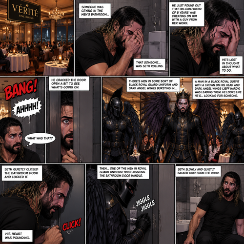 There’s a fancy restaurant,someone was crying in the men’s bathroom,That someone…was Seth Rollins. He just found out that his girlfriend of 5 years was cheating on him with a guy from her work. He’s Lost in thought about what to do. He was snapped out of his thoughts…when…he heard a loud bang followed by screams of terror outside the bathroom. “What was that?” Seth asked himself. He cracked the door open a bit to see what’s going on. There’s men in some sort of black royal guard uniform and dark angel wings bursting in…wait…Dark angel wings?!. A man in a black royal outfit with a crown on his head and dark angel wings (Jeff Hardy) was leading them,He looks like he’s…looking for someone. Seth quietly closed the bathroom door and locked it,his heart was pounding. Then…One of the men in royal guard uniform tried jiggling the bathroom door handle. Seth slowly and quietly backed away from the door